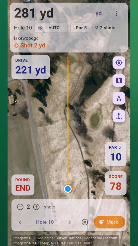 The round screen on a par 5: a 221-yard drive shown on the satellite map, 281 yards left to the green.