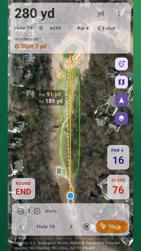 A long-pressed point on the fairway showing 189 yards from the player and 91 yards from there to the pin.