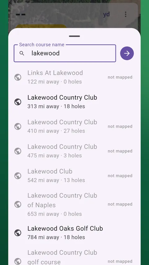 Course search results, with courses that have no hole map in OpenStreetMap labelled not mapped.