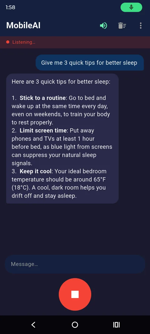 The chat screen while listening to a spoken request.
