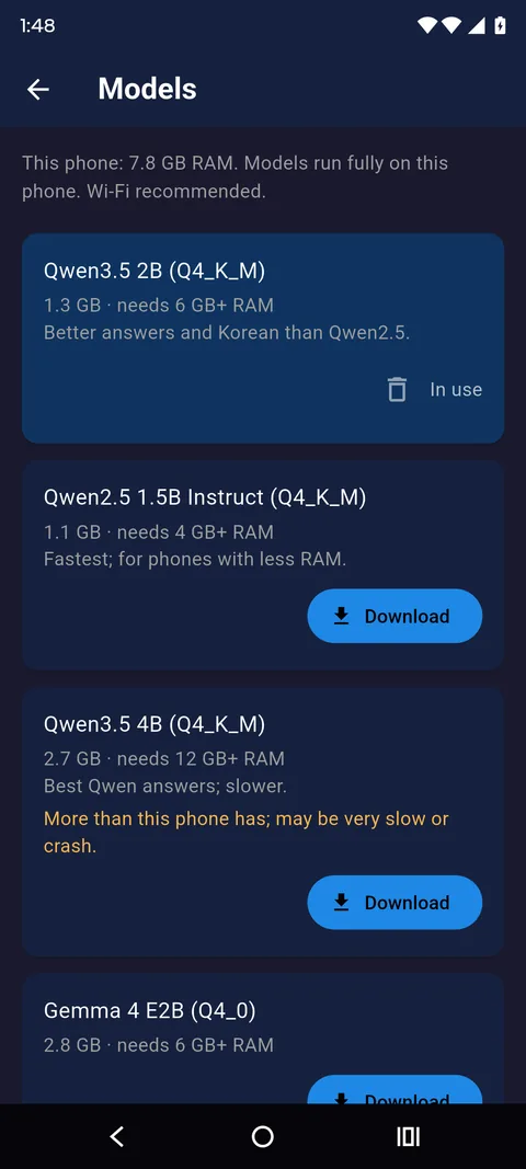 The model list, with the recommended model in use and RAM needs for each.