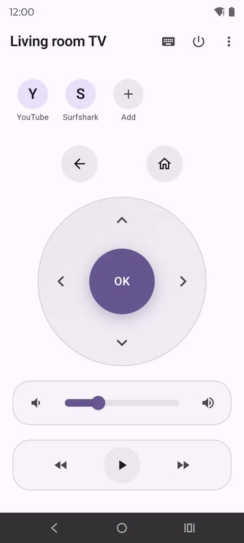 The remote screen: app shortcuts, a D-pad, volume and transport controls.
