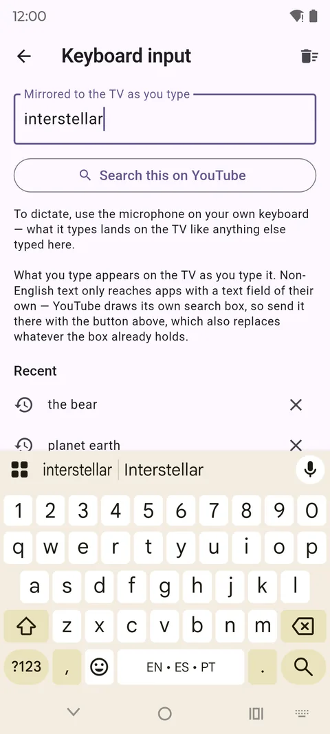 The app's keyboard screen: text typed on the phone appearing on the television.